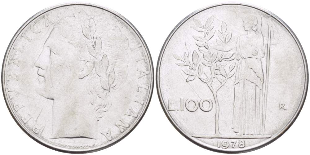 ИТАЛИЯ 100 ЛИР 1978 R, АФИНА KM 96.1 нержавеющая сталь 4526-333