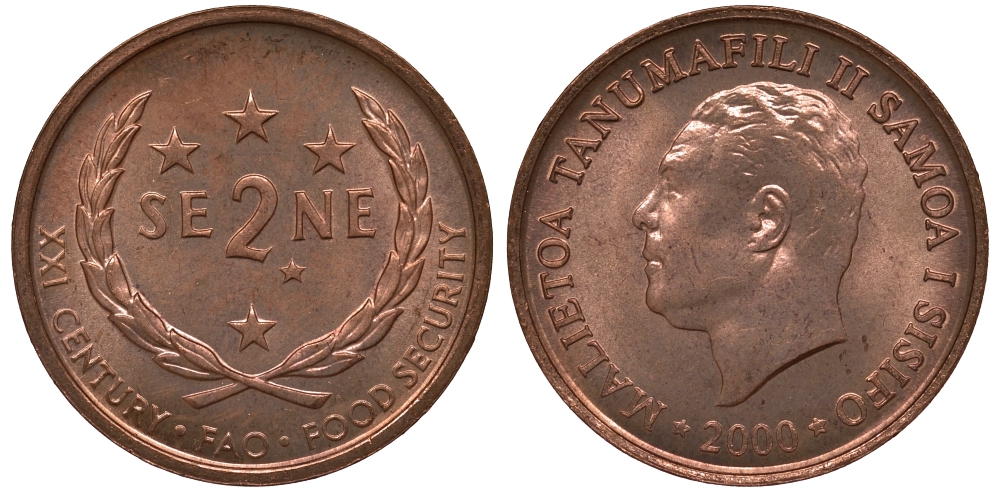 Самоа 2 сене 2000 Малиетоа Танумафили II, FAO KM 122 UNC бронза M22-15