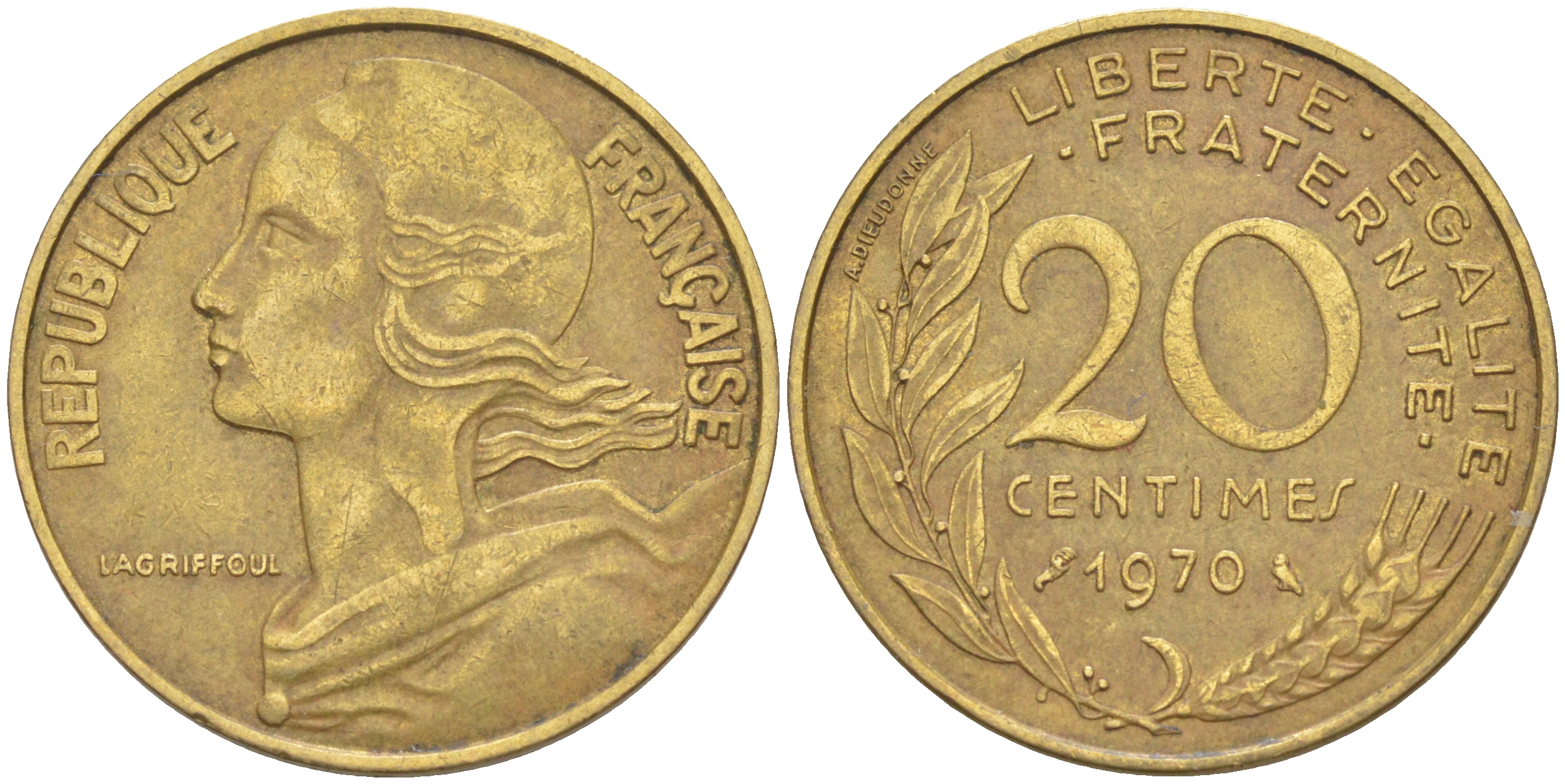 ФРАНЦИЯ 20 САНТИМОВ 1970 ТИП MARIANNE KM 930, Le Franc 156.10 медь алюминий никель 4513-135