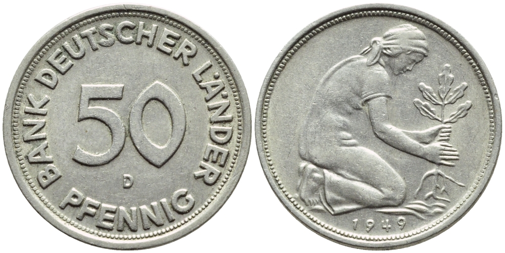 ФРГ 50 пфеннигов 1949 D KM 104, J. 379 медно-никель 54-2447