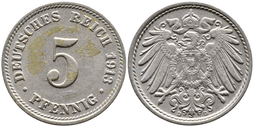 ГЕРМАНИЯ 5 ПФЕННИГОВ 1913 D, KM 11, J. 12 медно-никель 4387-736