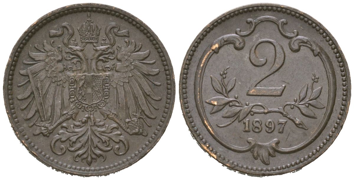 Австрия 2 геллера 1897 Франц Иосиф I (1848-1916) KM 2801 бронза 4615-557