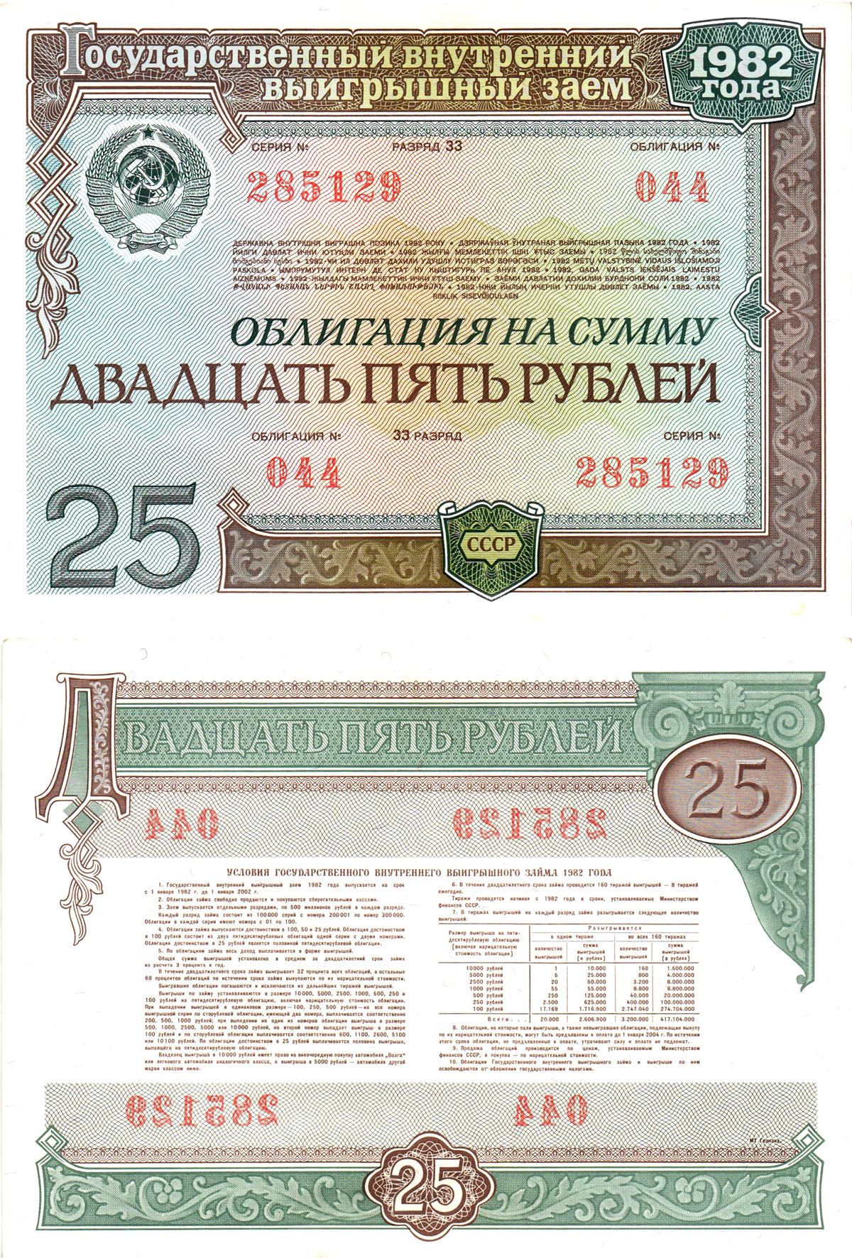 СССР облигация в 25 рублей 1982 государственный внутренний выигрышный заем, разряд 33   бумага  aUNC 7215-22-2-2