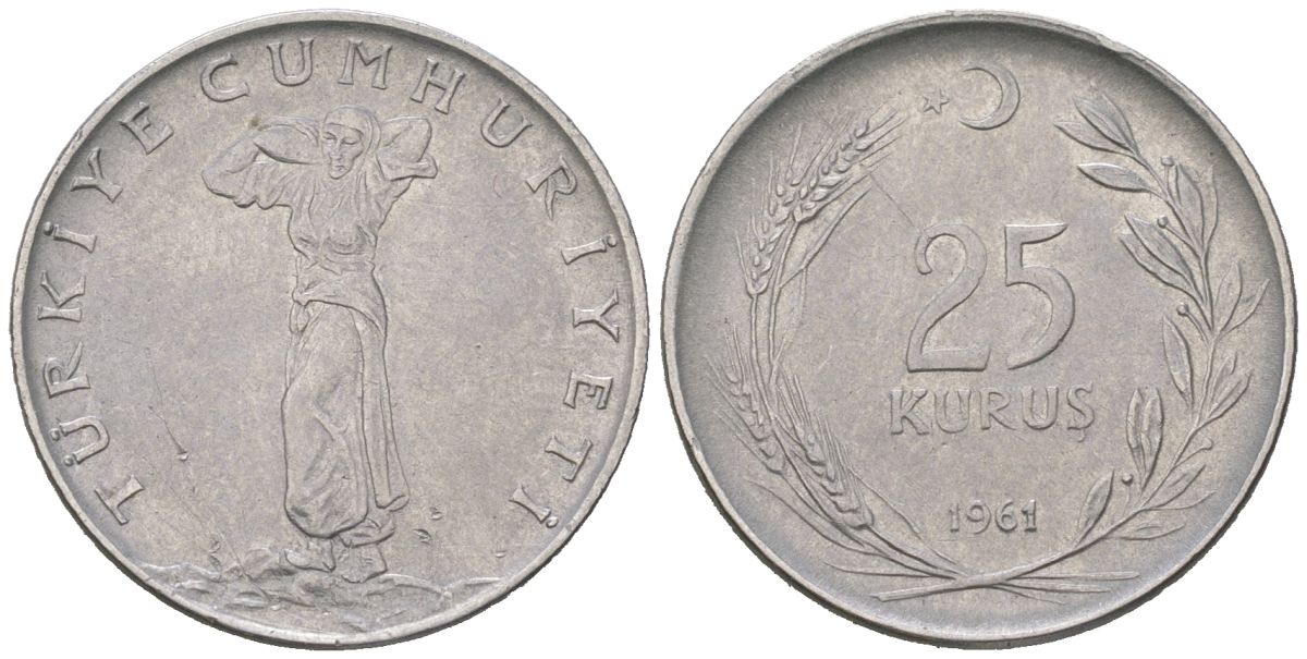 Турция 25 курушей 1961 KM 892.2 нержавеющая сталь 4584-424