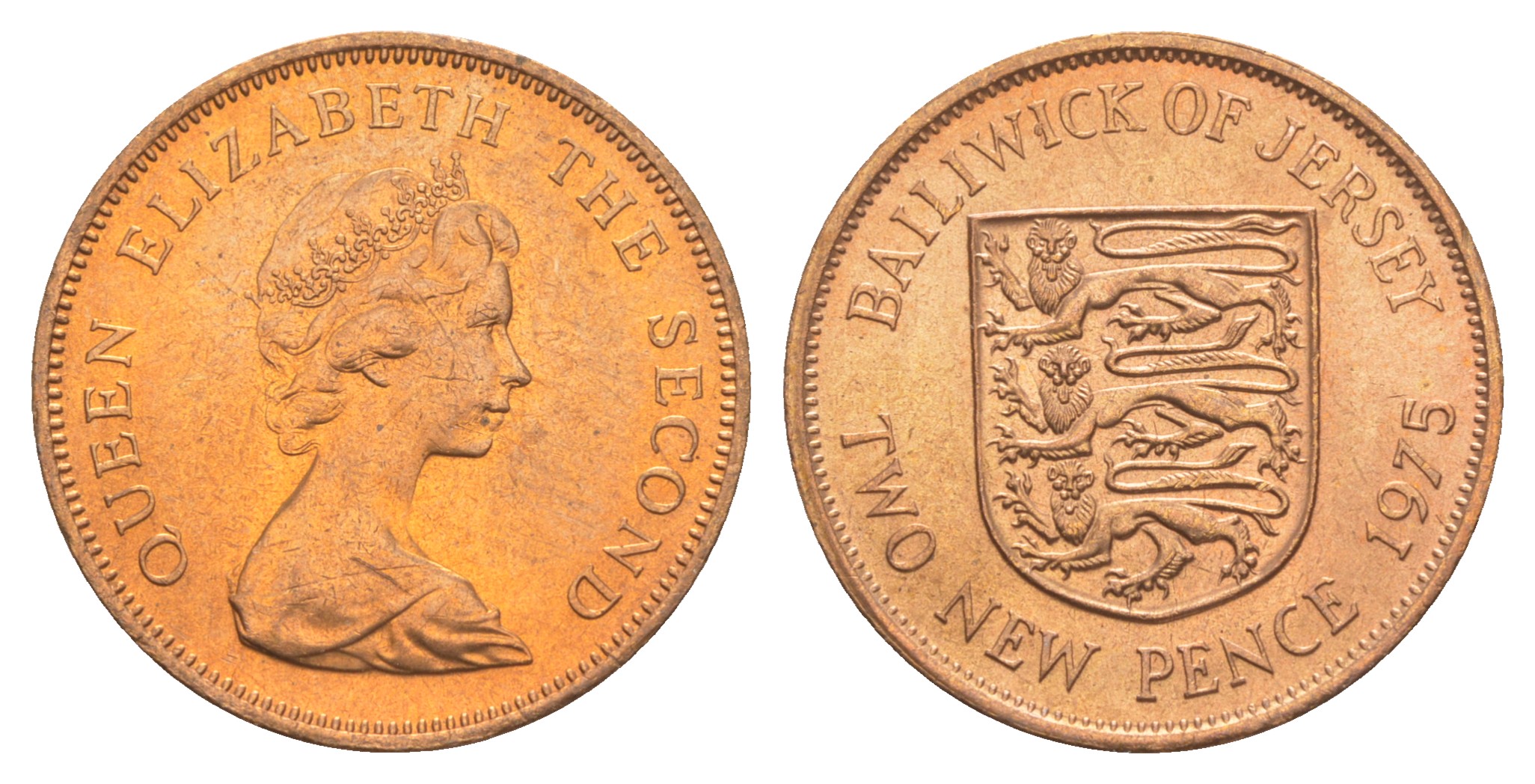 Джерси 2 пенса 1975 герб, Елизавета II (1952-2022) KM 31 бронза UNC 3459-156