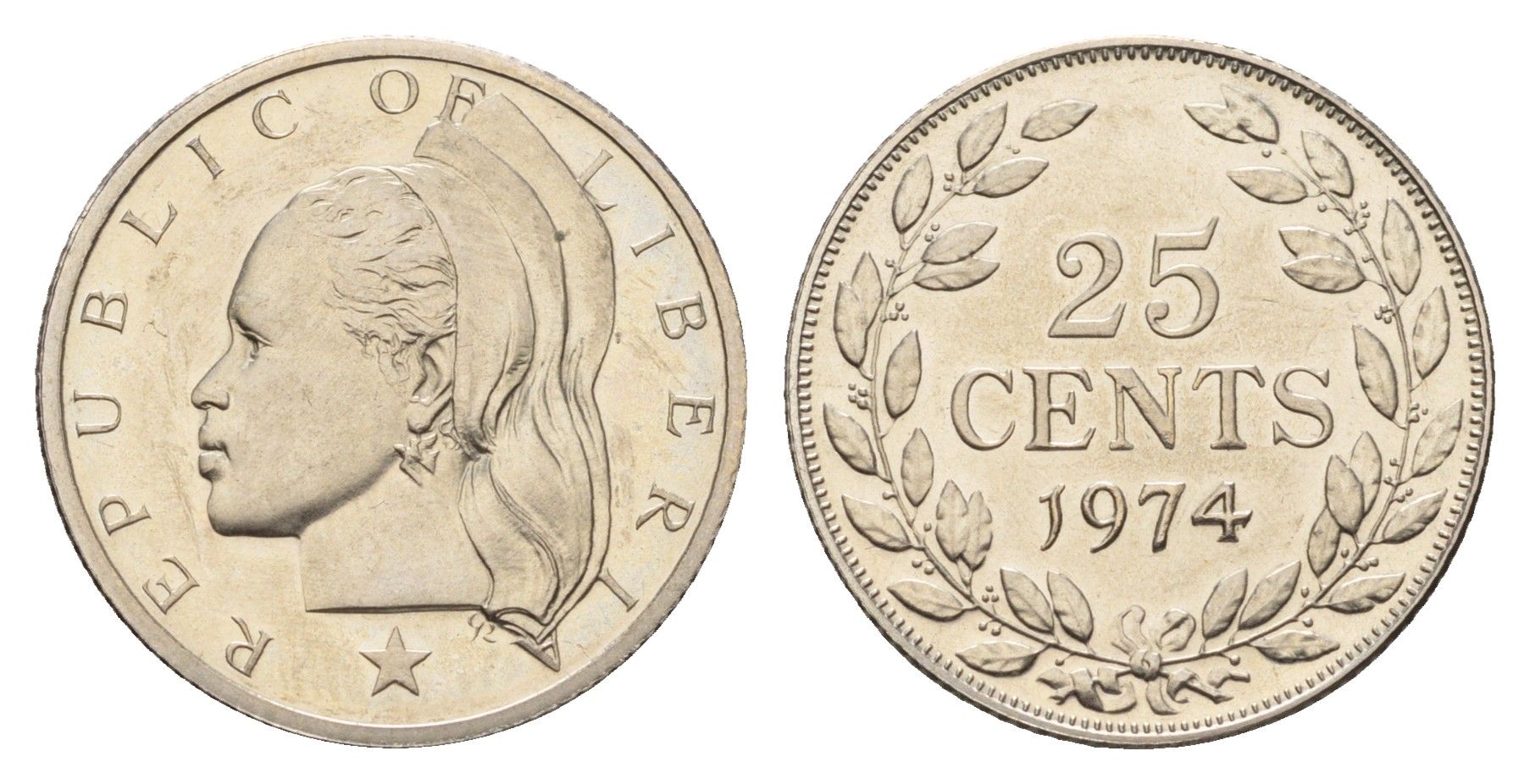 Либерия 25 центов 1974 KM 16a.2 медно-никель aUNC 4678-152