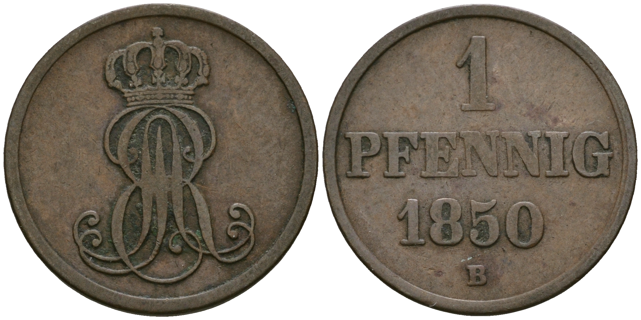 Ганновер 1 пфенниг 1850 B, Эрнст Август (1837-1851) KM 201.1, AKS 129, J. 74 медь 4608-1053