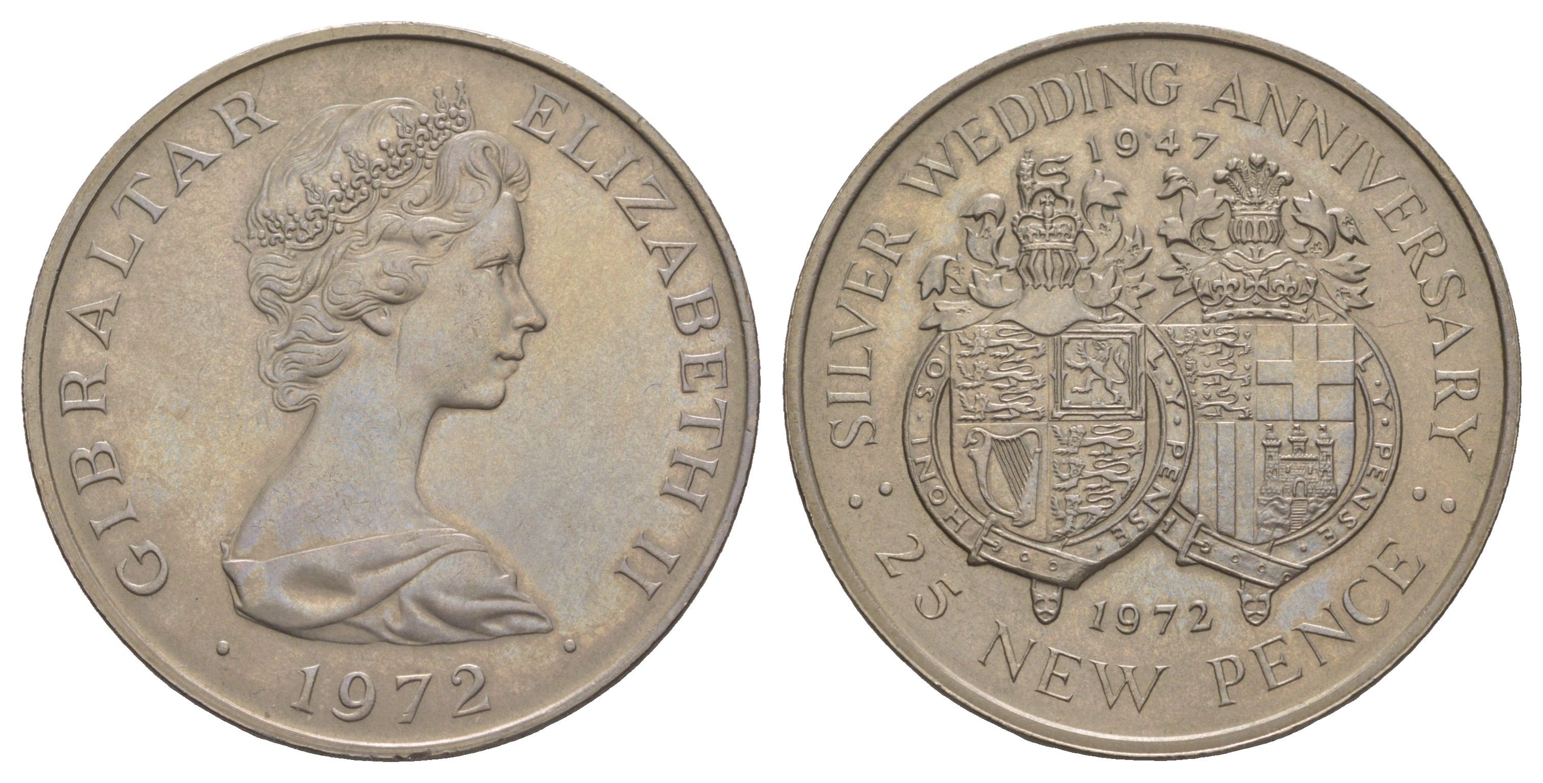 Гибралтар 25 пенсов 1972 25 лет свадьбе Королевы Елизаветы II и Принца Филиппа KM 6 медно-никель UNC 118-233