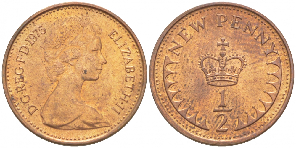 Великобритания 1/2 пенни 1975 Елизавета II (1952-2022) KM 914, Spink 4239 бронза 112-763