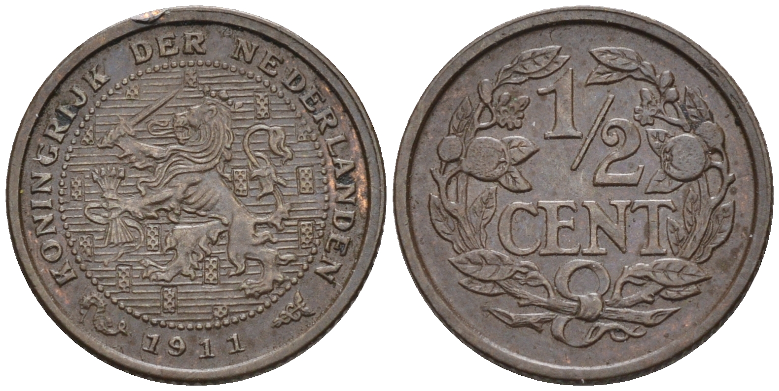 Нидерланды 1/2 цента 1911 Вильгельмина (1890-1948) KM 138 бронза    4169-236