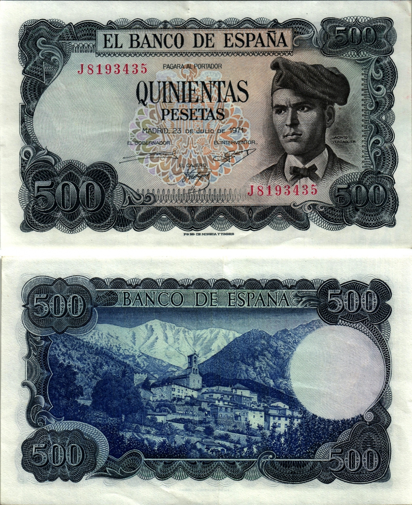 ИСПАНИЯ 500 ПЕСЕТ 1973 23 ИЮЛЯ 1971, ЖАСИНТ ВЕРДАГЕР Pick 153а бумага XF 2192-99-1-2