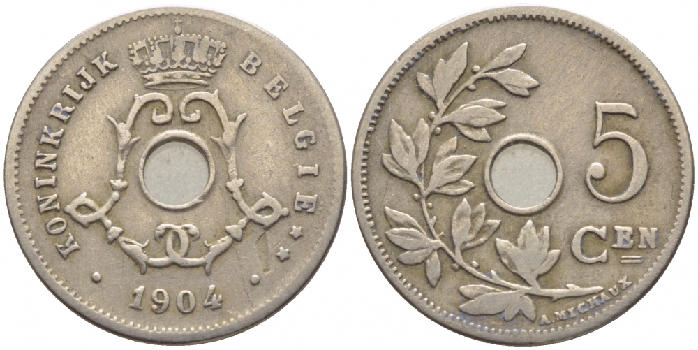 БЕЛЬГИЯ 5 САНТИМОВ 1904 BELGIE KM 55 медно-никель 105-1037