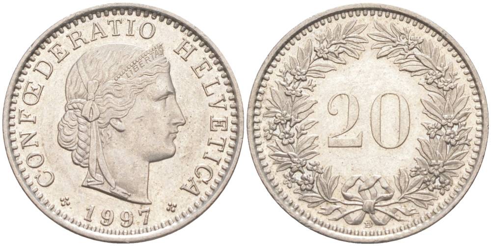 ШВЕЙЦАРИЯ 20 РАППЕНОВ 1997 В KM 29a медно-никель 55-1045