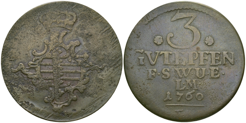 Саксен-Веймар-Эйзенах 3 пфеннига 1760 FS, Анна Амалия Брауншвейгская (1758-1775) KM 34, Koppe 593, Slg. Merseburger 3999 медь 65-556