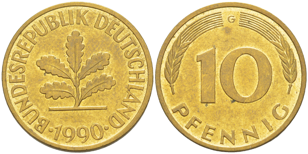 ФРГ 10 ПФЕННИГОВ 1990 G KM 108, J. 383 сталь плакированная латунью 4182-955