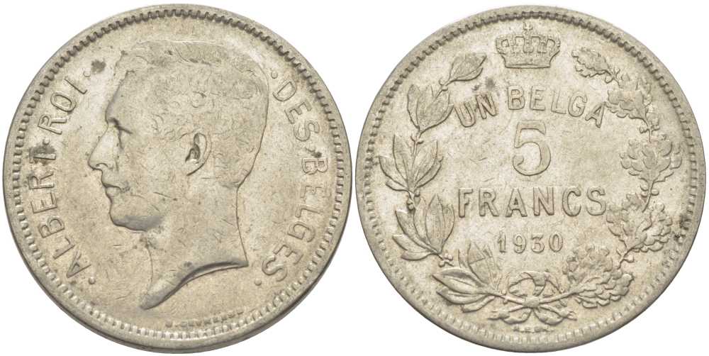 БЕЛЬГИЯ 5 ФРАНКОВ 1930 АЛЬБЕРТ I, DES BELGES KM 97.1 никель 3851-111