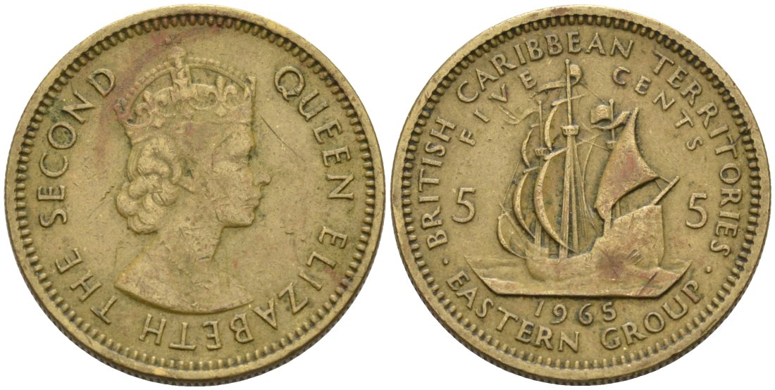 Британские Восточно-Карибские территории 5 центов 1955 Елизавета II (1952-2022), парусник KM 4 никель латунь 4566-943