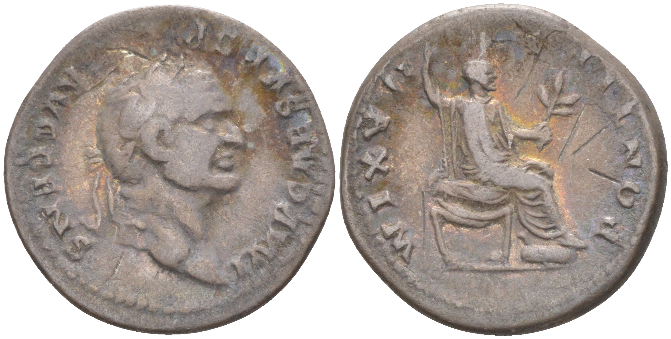 Римская Империя денарий 73 Веспасиан, голова императора, IMP CAES VESP AVG CENS / император на троне, PONTIF MAXIM, Рим (из немецкой коллекции 1-й половины XX века, с владельческим конвертом) RIC 546 серебро 1073-15-75