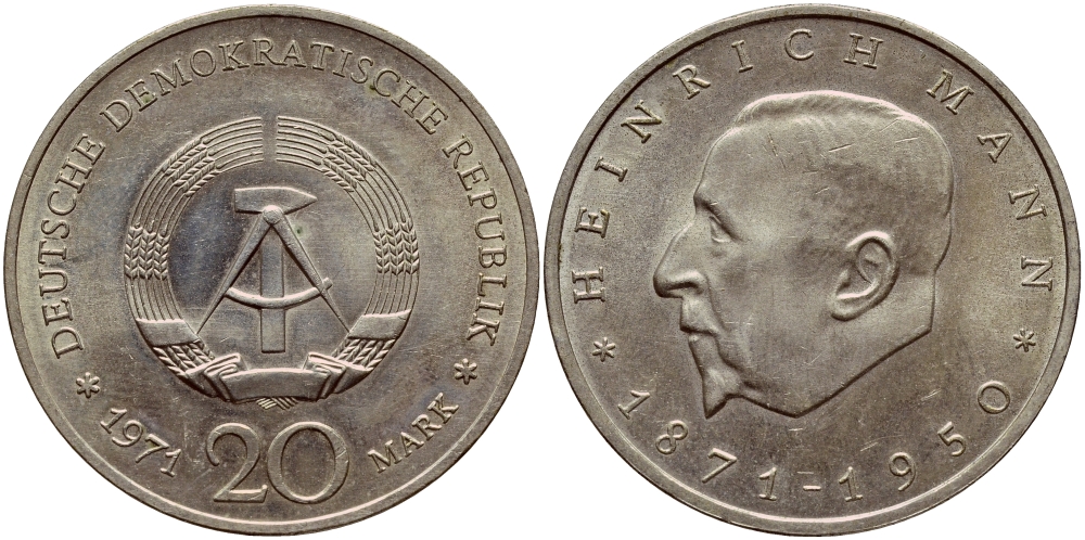 ГДР 20 марок 1971 А, 100 лет со дня рождения Генриха Манна (1871-1950) KM 33, J. 1531 медно-никель aUNC 1523-111
