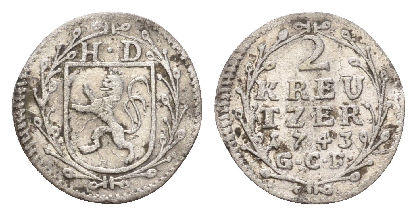 Гессен-Дармштадт 2 крейцера 1743 Людвиг VIII (1739-1768) KM 173 серебро 1530-111
