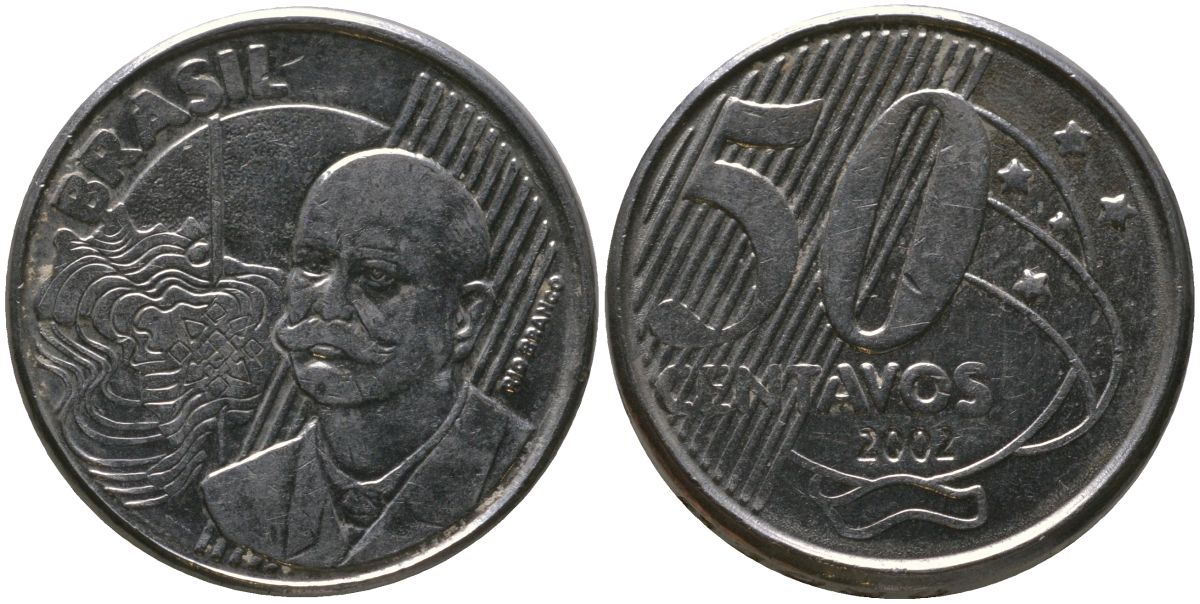 Бразилия 50 сентаво 2002 KM 651a, Schon 159a, Bentes 780 нержавеющая сталь 4523-352