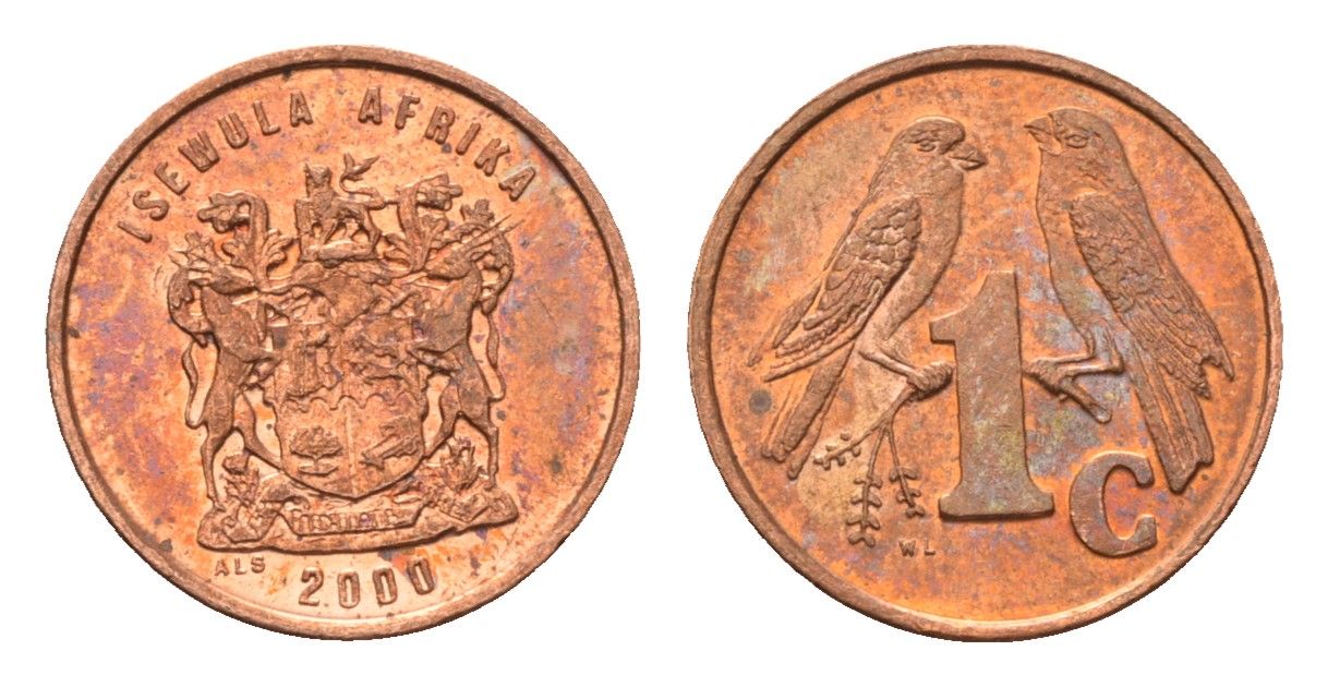 ЮАР 1 цент 2000 герб, капские воробьи KM 170 сталь плакированная медью UNC 4694-146