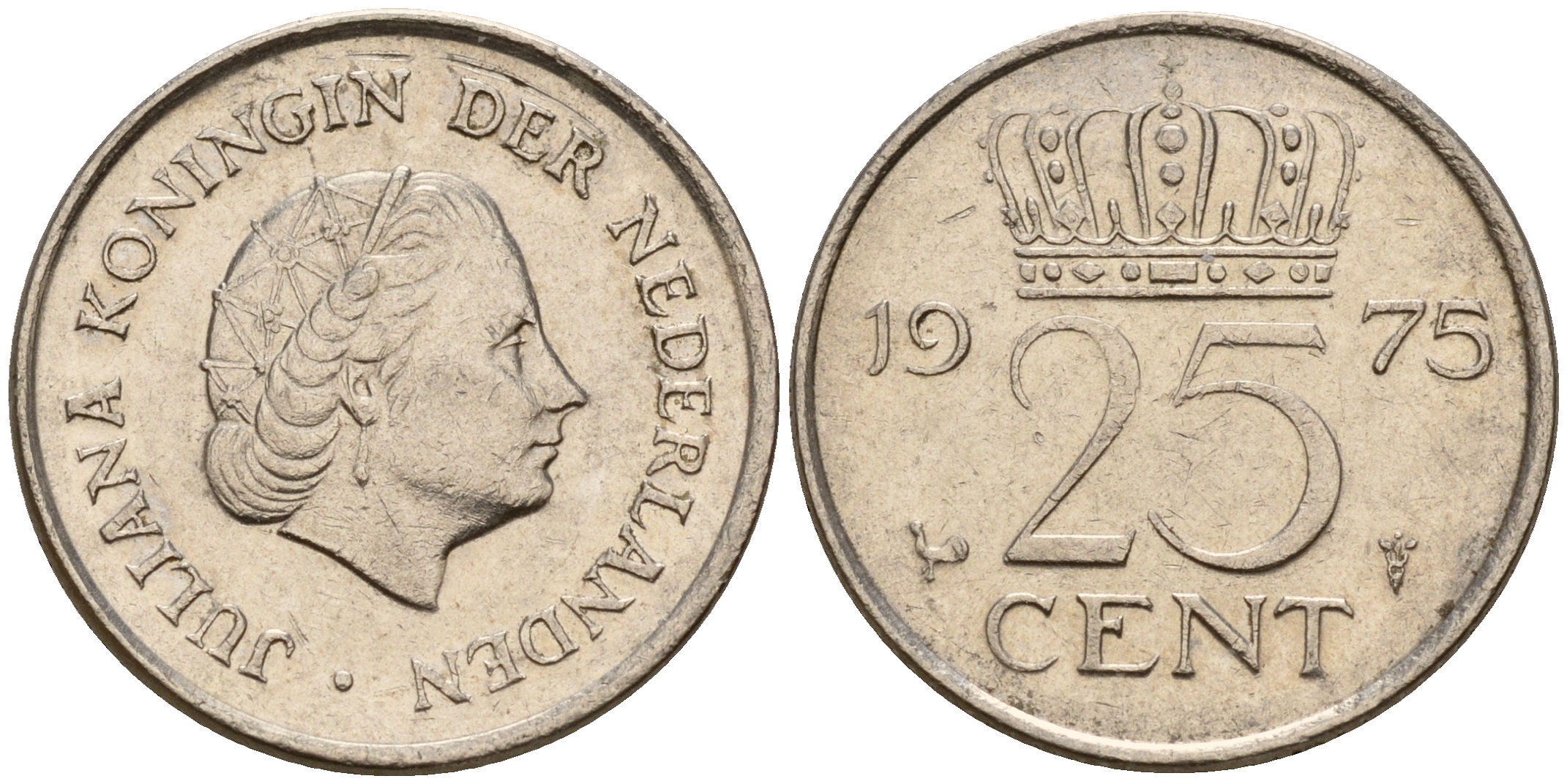 Нидерланды 25 центов 1975 Юлиана (1949-1980) KM 183 никель    4598-515