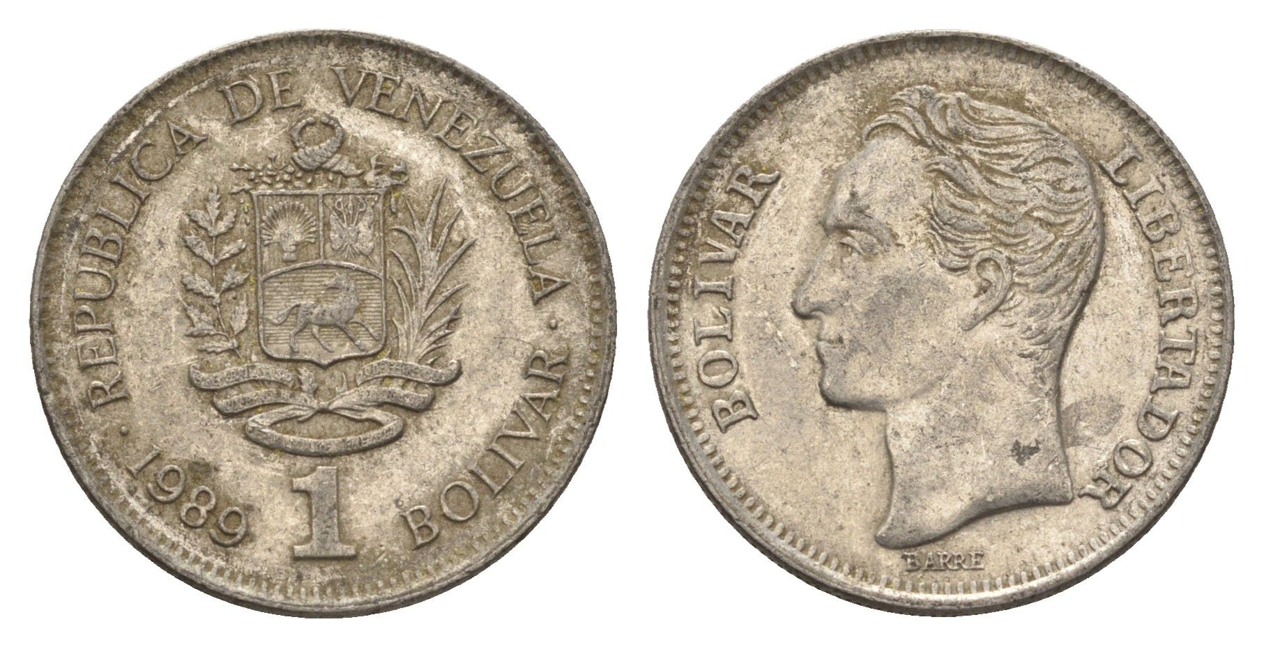 Венесуэла 1 боливар 1989 Симон Боливар, толстый шрифт Y 52a.2 сталь плакированная никелем 4662-856