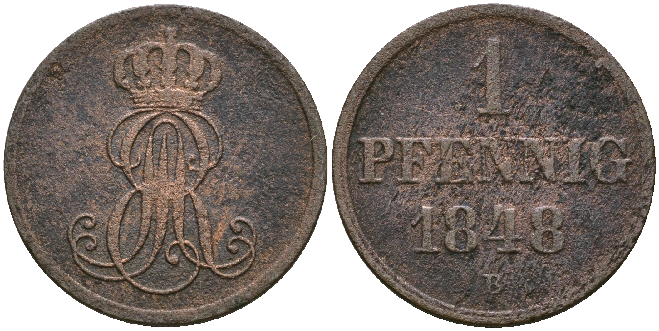 Ганновер 1 пфенниг 1848 B, Эрнст Август (1837-1851) KM 201.1, AKS 129, J. 74 медь 08-1368