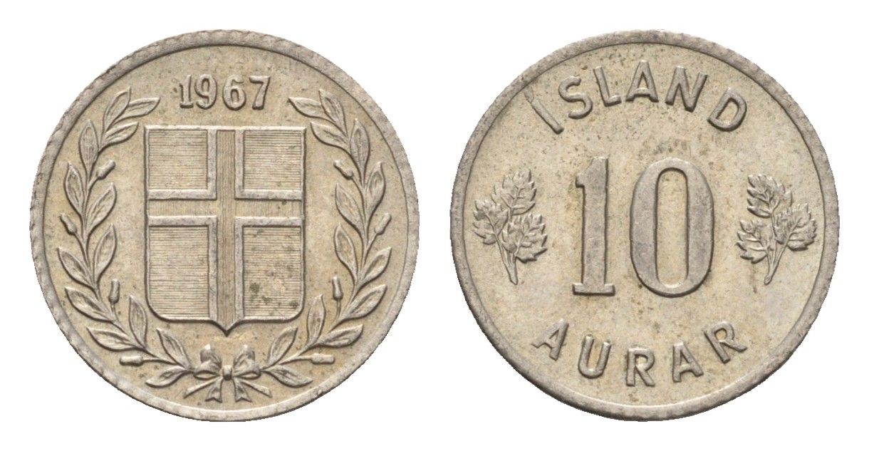 Исландия 10 эйре 1967 KM 10 медно-никель aUNC 4690-724