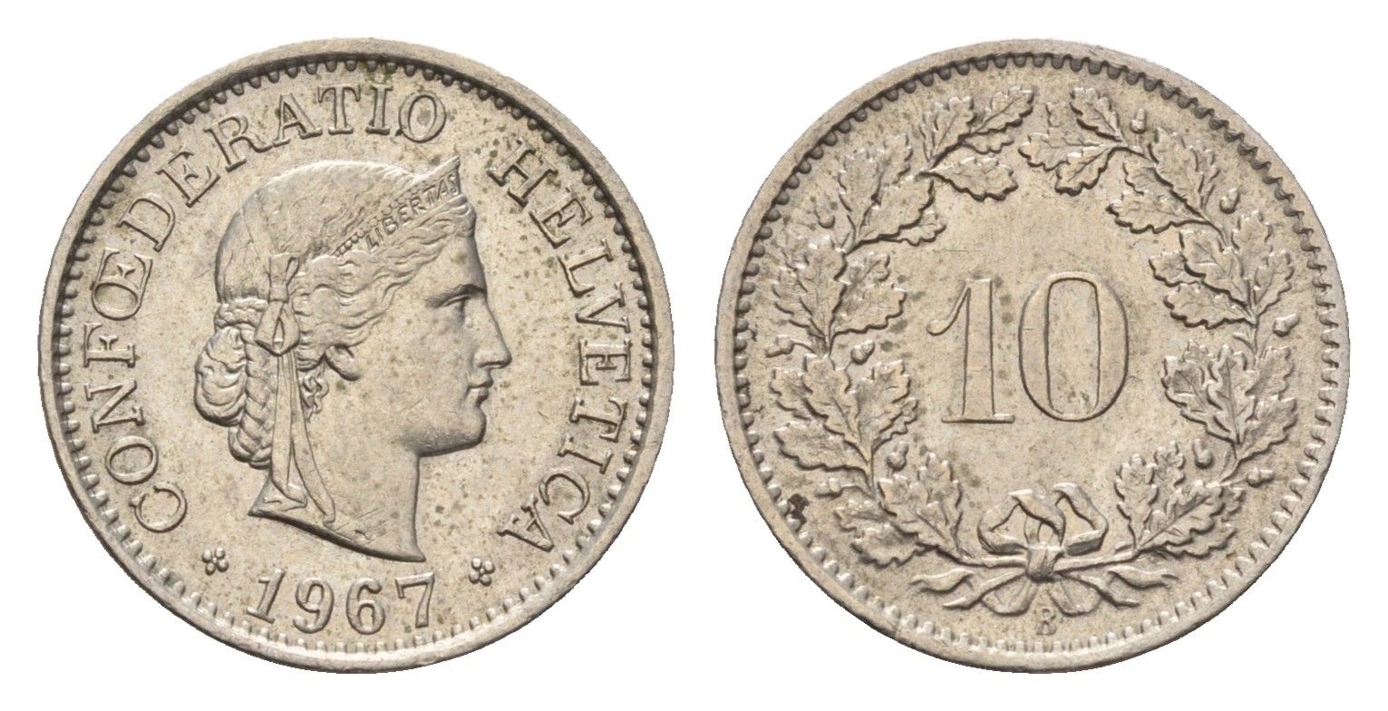 Швейцария 10 раппенов 1967 KM 27 медно-никель 4685-253