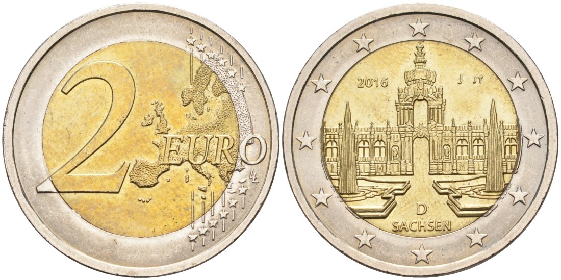 Германия 2 евро 2016 J, серия федеральные земли Германии, Саксония KM 347 биметалл 00-00