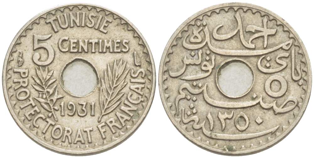 ТУНИС 5 САНТИМОВ 1931 АН1350, AHMAD PASHA BEY KM 258 никель бронза 4516-117