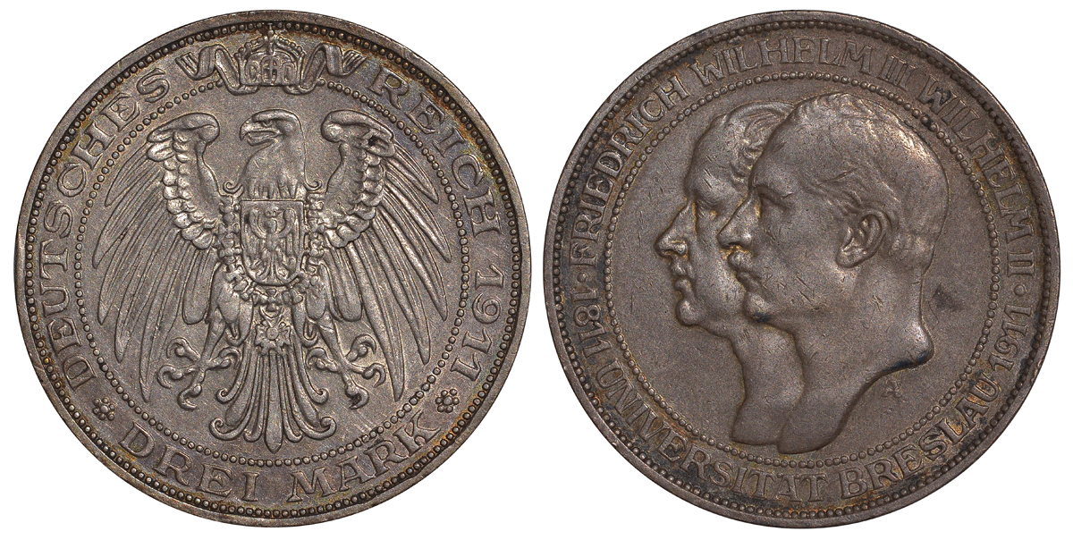 Пруссия 3 марки 1911 A, Университет Бреслау Weege 108, J. 108, KM 531 серебро 413-4113