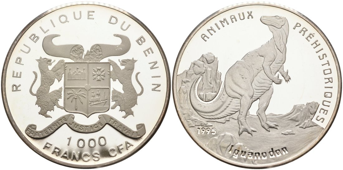 Бенин 1000 франков 1995 игуанодон KM 28 серебро PROOF 00-00