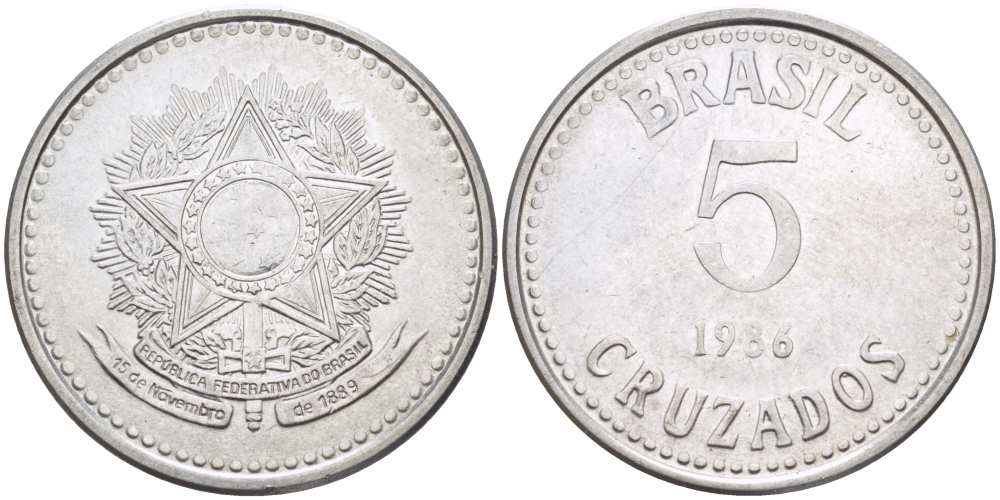 Бразилия 5 крузадо 1986 реформа (1986-1989) KM 606 нержавеющая сталь 28-331