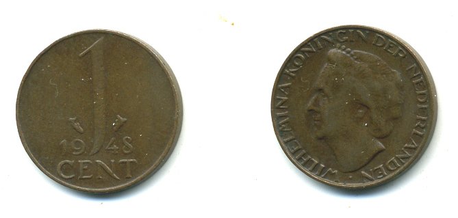 Нидерланды 1 цент 1948 Вильгельмина (1890-1948), год тип KM 175 бронза 54-228