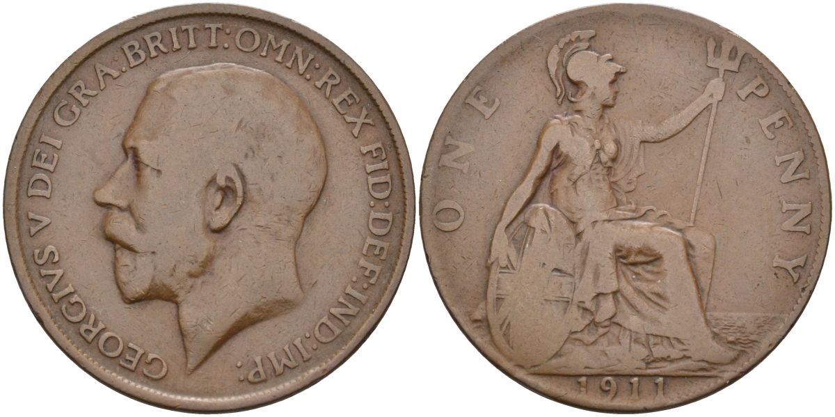 Великобритания 1 пенни 1911 Георг V (1910-1936) KM 810, Spink 4051 бронза 4117-736