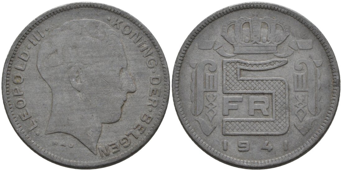 Бельгия 5 франков 1941 Belgen KM 130 цинк 51-2132