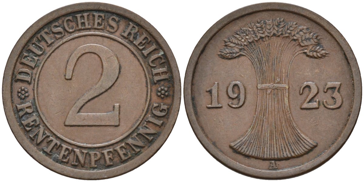Германия 2 рентенпфеннига 1923 A KM 31, J.307, Weege 3 медь 4584-552