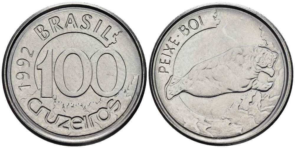 БРАЗИЛИЯ 100 КРУЗЕЙРО 1992 РЕФОРМА (1990-1993), МОРСКАЯ ЧЕРЕПАХА KM 623 нержавеющая сталь 4516-525