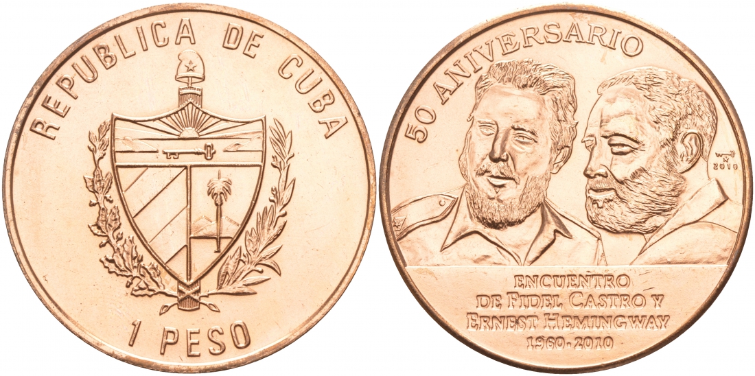 Куба 1 песо 2010 50 лет встрече Фиделя Кастро и Эрнеста Хемингуэя KM 954a медь UNC 73-722