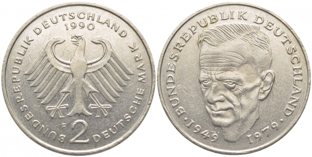 ФРГ 2 МАРКИ 1990 F, КУРТ ШУМАХЕР KM 149, J. 424 медно-никель плакированный никелем 3856-415