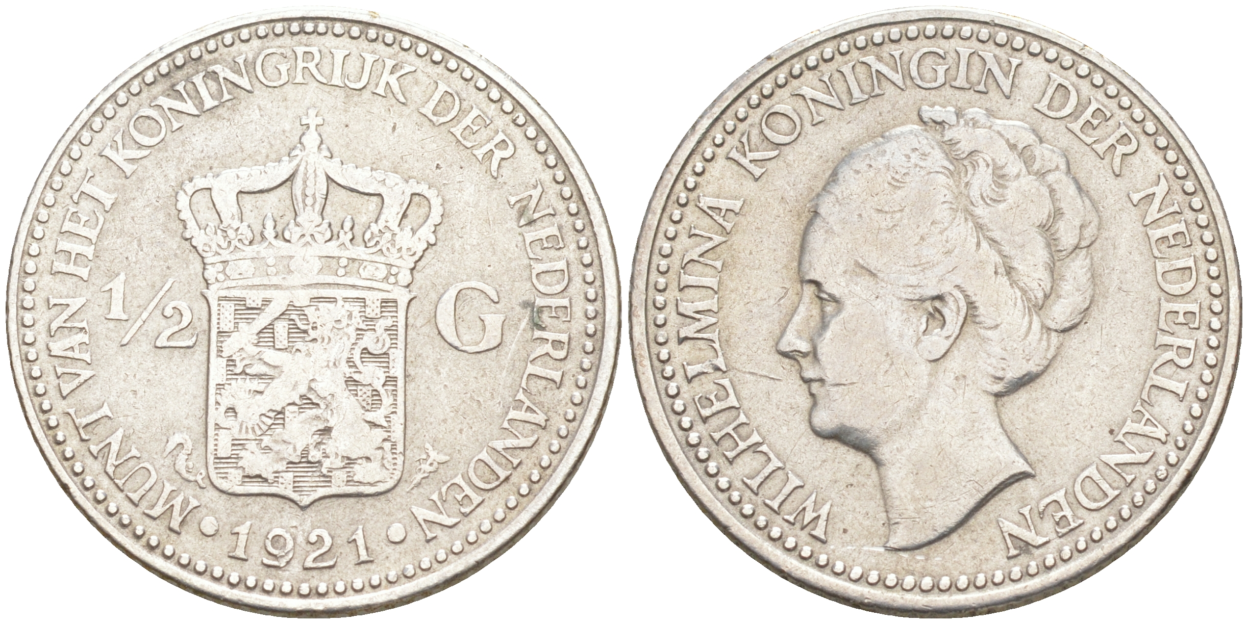 Нидерланды 1/2 гульдена 1921 Вильгельмина I (1890-1948) KM 160 серебро XF 106-353