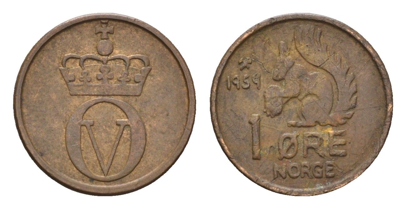 Норвегия 1 эре 1959 Улаф V (1957-1991) KM 403 бронза 4702-536