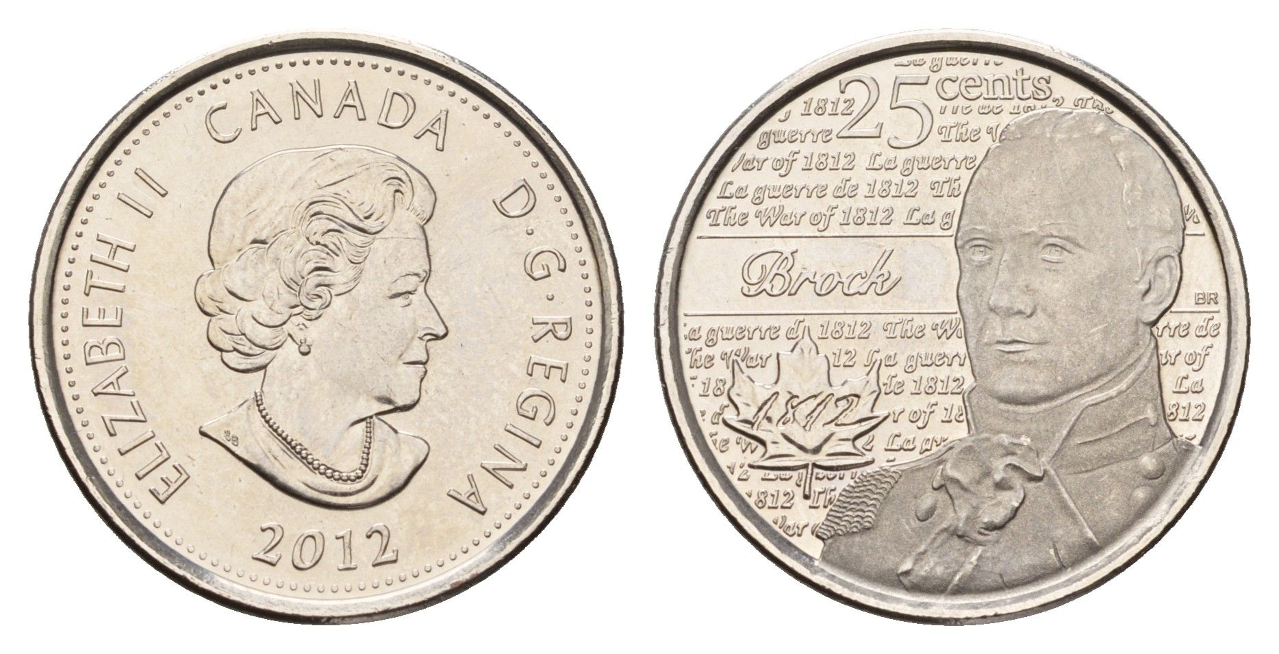 Канада 25 центов 2012 Война 1812 года - Генерал-майор Исаак Брок KM 1322 сталь плакированная никелем UNC 4678-1215