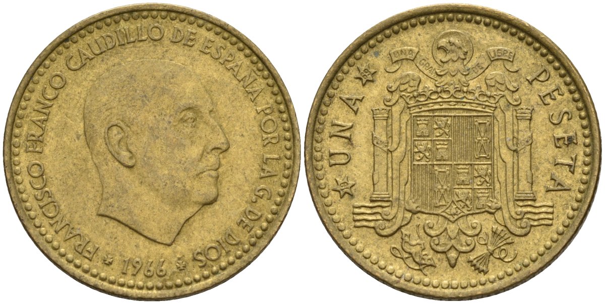 Испания 1 песета 1966 (69) Франсиско Франко (1939 - 1975) KM 796 алюминиевая бронза 4155-353