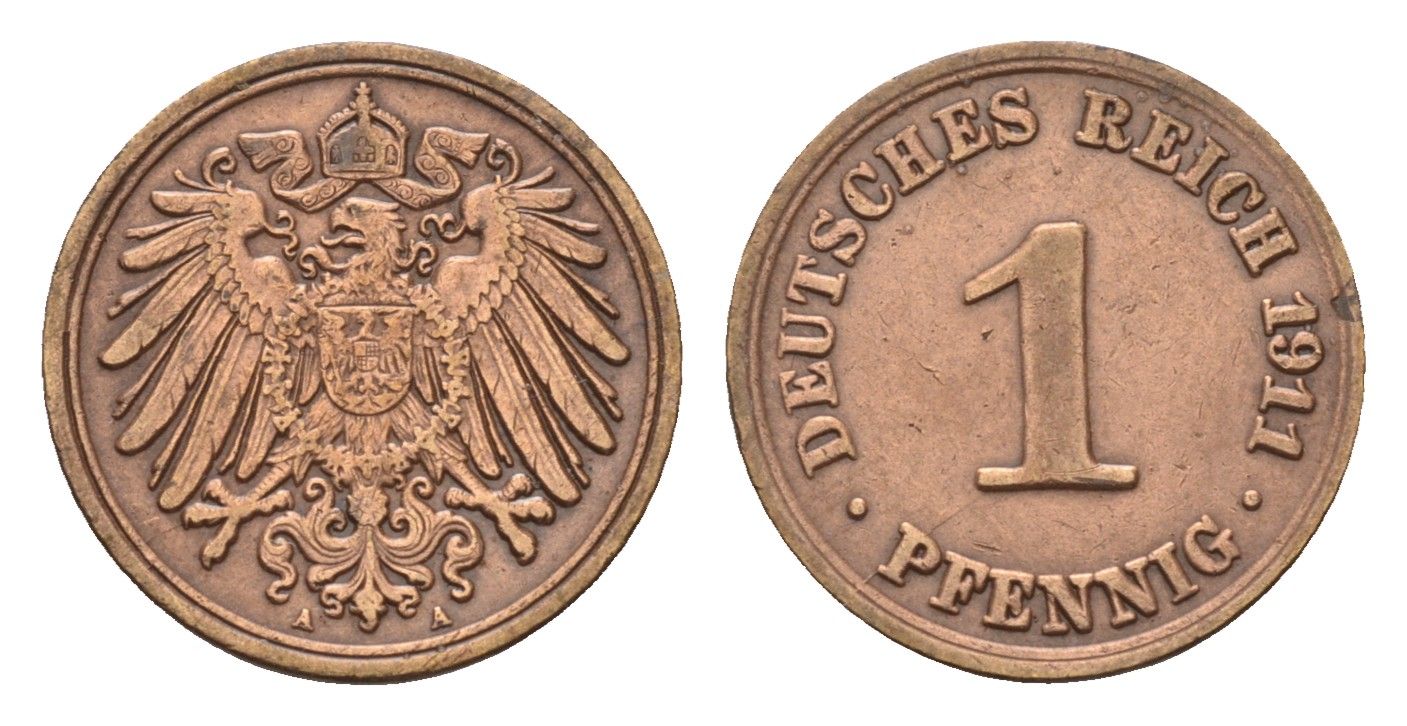 Германия 1 пфенниг 1911 A, Вильгельм II (1888-1918) KM 10, J. 10 медь 4630-669