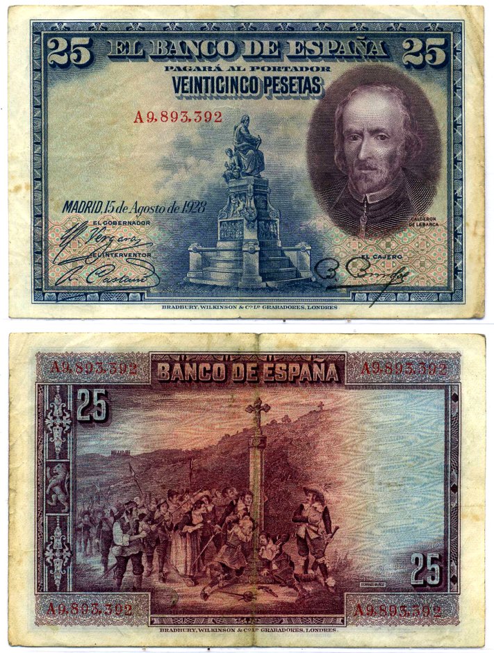 Испания 25 песет 1928 Педро Кальдерон де ля Барка, серия А8 Pick 74b бумага 8564-28-3-2