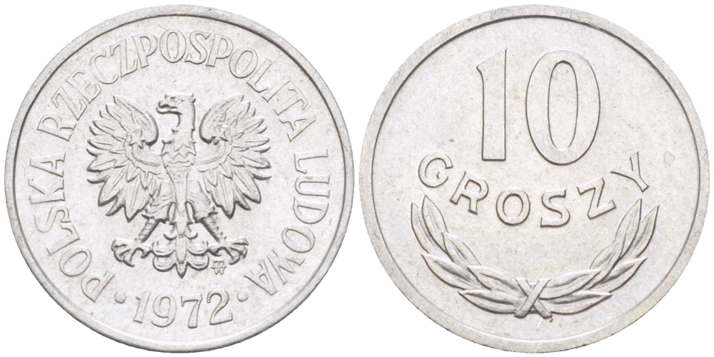 ПОЛЬША 10 ГРОШЕЙ 1972 MW KM AA47, Parchimowicz 206k алюминий XF 4181-1129